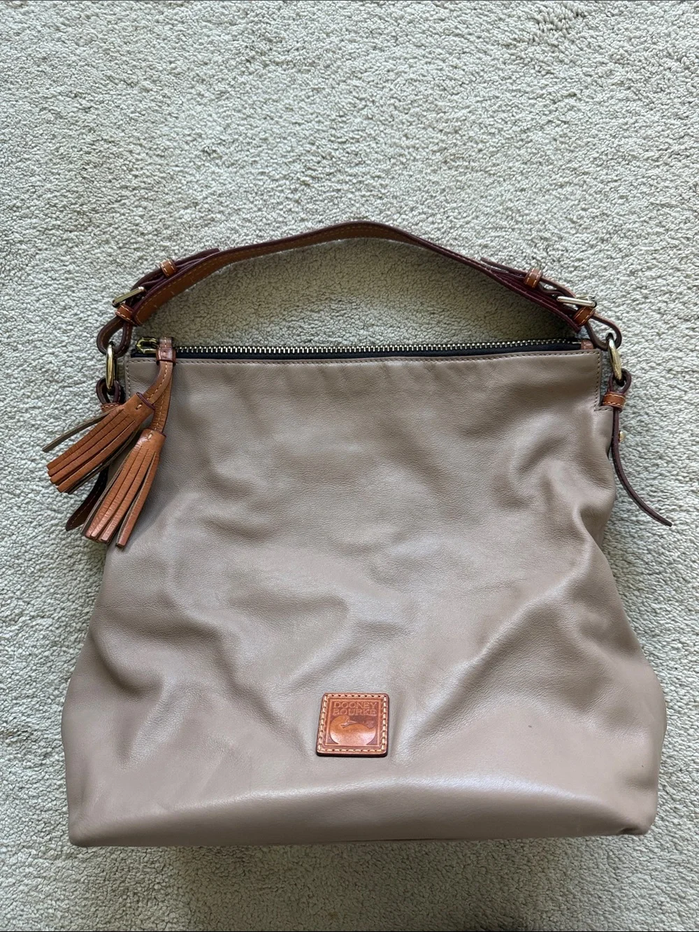 Taupe Leather Shoulder Bag with Chestnut Trim